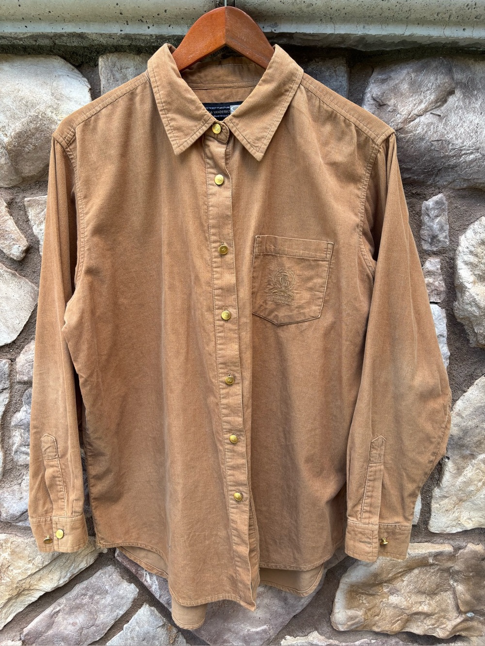 VTG Gloria Vanderbilt Women's Corduroy Tan Shirt Embroidered Crest Gold Button